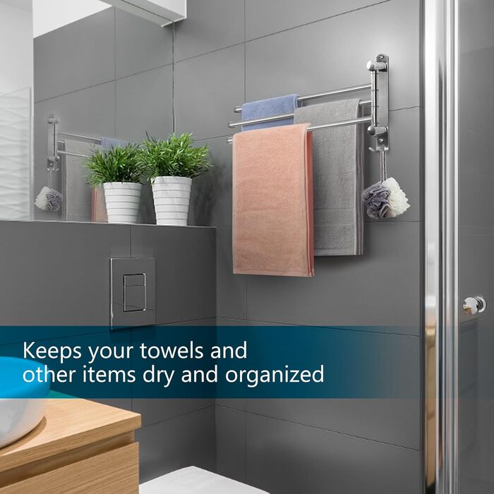 Тримач для рушників настінний поворотний 180° з нержавіючої сталі з 4-ма кріпленнями, для ванної, кухні та гардеробу, сріблястий