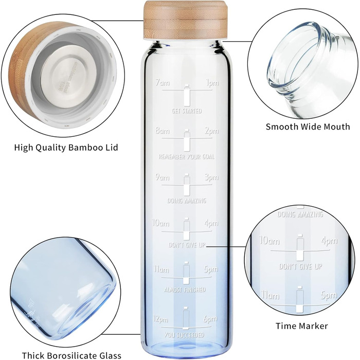 Drinking bottle, glass water bottle with straw and time markings, 900 ml, bottle with neoprene sleeve, gradient color, blue