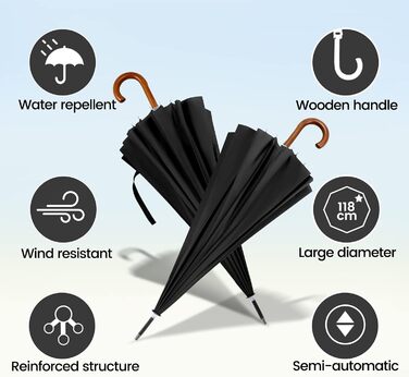 NINEMAX Large Windproof Umbrella - Wooden Handle Stick Umbrella for Men & Women - 16 Ribs Automatic Open - Double Layer Black