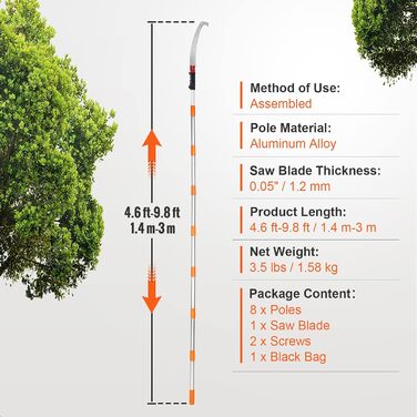 VEVOR Telescoping Tree Saw Manual Tree Saw 1.4-3m Adjustable High-Reach Pruner with 8 Poles Branch Shear Telescoping Blade Made of Carbon Steel Reach up to 298cm for Cutting Branches, Bushes, and Trunks