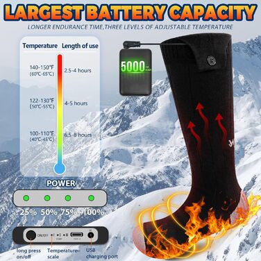 Обогревні шкарпетки з акумулятором 5000mAh, 36-42, до 65°C, без помаранчевих смуг