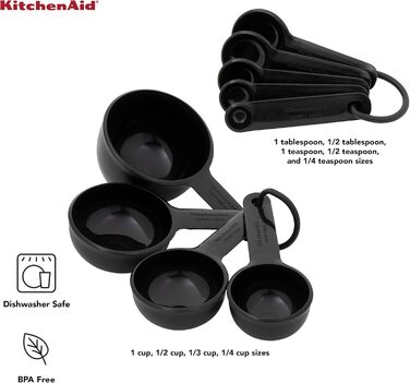 KitchenAid Universal Measuring Cup and Spoon Set, 1/4, 1/2, 1/3 and 1 cup sizes and 1 tablespoon, 1/2 tablespoon, 1 teaspoon, 1/2 teaspoon, and 1/4 teaspoon, dishwasher safe, 9 pieces, black
