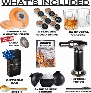 Whiskey Smoker Kit - Cocktail Smoker Kit with Torch, 2 Whiskey Glasses, 2 Ice Ball Makers, 6 Flavors of Wood Chips - Old Fashioned Smoker Bourbon Drink Smoking Set - Bourbon Gifts for