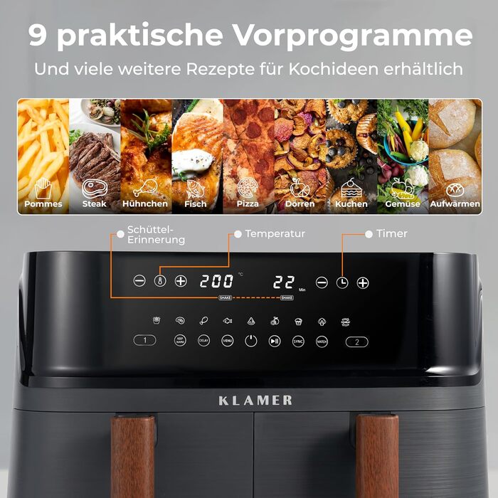 Аерофритюрниця KLAMER Duo 9 л з двома кошиками, незалежним керуванням та функціями Match та Sync, колір дерево