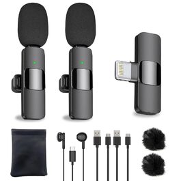 USB-C Бездротовий петличний мікрофон 2-в-1 для iPhone, з шумозаглушенням KI, міні мікрофон для Vlogging, відео, подкастів, інтерв'ю, TikTok, YouTube запису - Чорний (2 TX + 1 RX) (для Lightning (2 Mic))