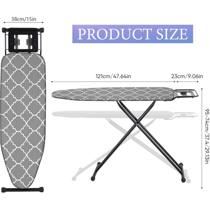 Складаний столик для прасування, 120 x 39 см, з великою підставкою для праски, регульована висота до 93 см