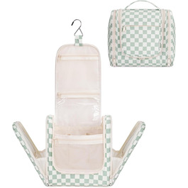 Сумка для косметики та туалетних аксесуарів для жінок та чоловіків, підвісна, з сіткою (блакитне листя, м'ятно-зелена решітка)