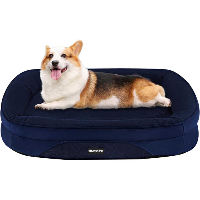 Ортопедичне ліжко для собак HMTOPE, собаче ліжко-софа з валиком для шиї, неслизьке дно, знімне та пральне, для маленьких та середніх собак, 90 x 71 x 15 см, темно-синій