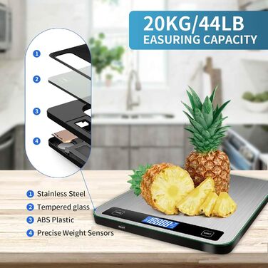 Кухонні ваги електронні 20 кг з LCD дисплеєм та великою платформою з безпечного скла, функція тарування