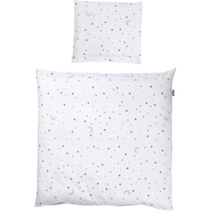 Комплект постільної білизни для дитячого ліжечка Roba 100 x 135 см - комплект для дівчаток та хлопчиків - ковдра та наволочка з бавовни для малюків та дітей - зірковий принт - білий (Сірий Зоряний Чарівник, 80x80 / 40x35 см)
