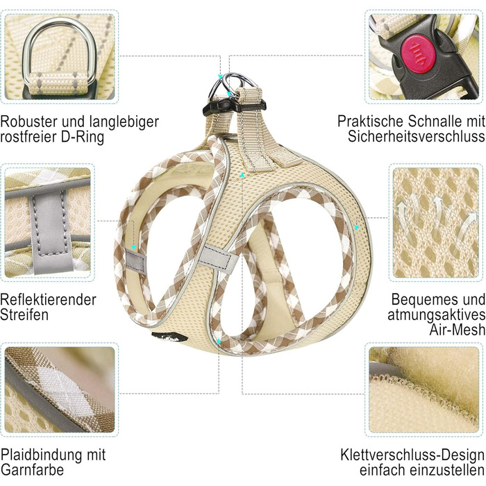 Нашийник та поводок для собак Haapaw, антинатяг, регульований, світловідбиваючий, Step-in, для цуценят та маленьких собак, посилена підкладка, колір Бежевий, розмір M (38.1-45.7 см, 4.5-6.8 кг)