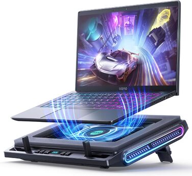 Підставка охолодження для ноутбука RGB з потужним вентилятором 4.72'', швидке охолодження для комп'ютерів 13-17,3'', керування клавішами, 3 регульовані підставки, 4-портовий USB C&A, чорний