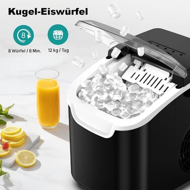 Льодогенератор WELLENT настільний - 12 кг/24 год, кубики льоду за 6 хв, 2 типи льоду (кулястий), самоочищення, тихий. Для кухні, офісу, бару