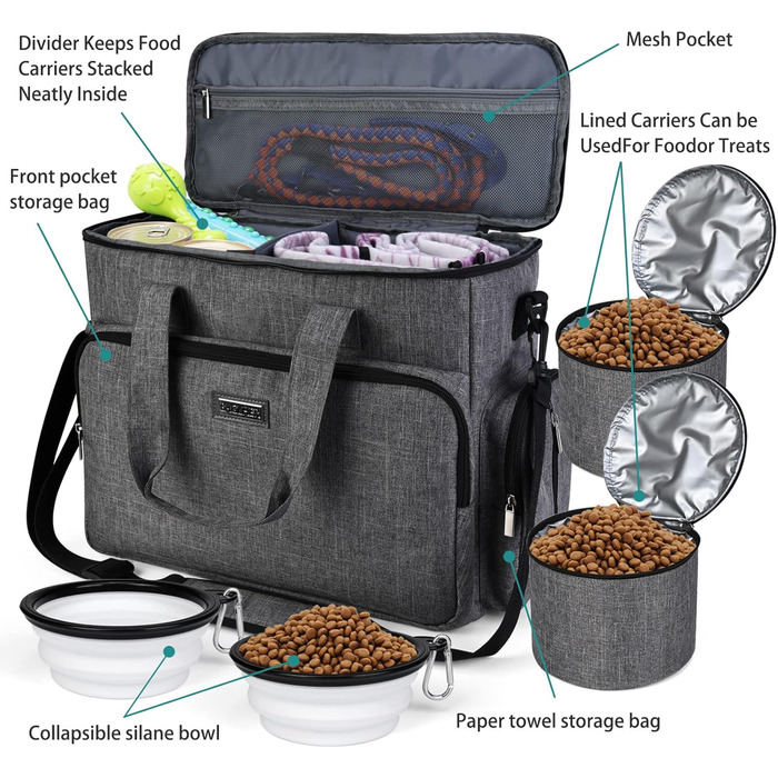 Чемодан для собак Vioett (L, сірий) з набором аксесуарів для подорожей