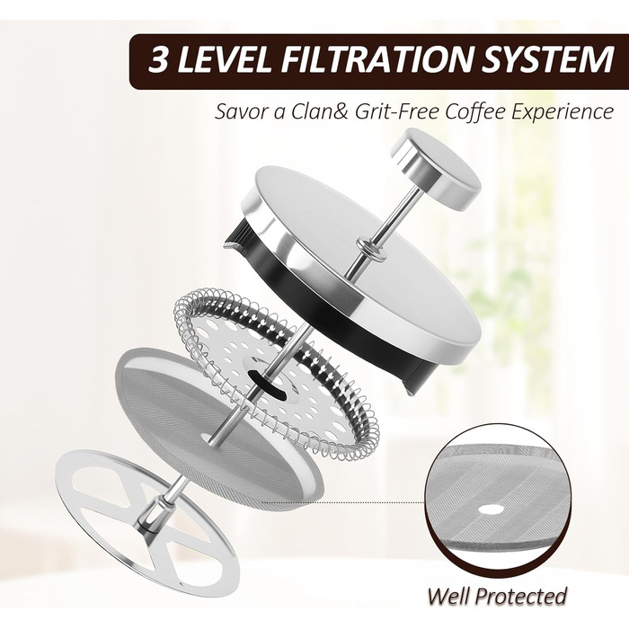 Френч-прес 600мл з нержавіючою сталлю, кавова преса, для приготування кави та чаю, стійке до нагрівання скло, підходить для миття в посудомийній машині