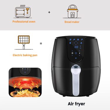 Фритюрниця без олії з 6 програмами приготування, LED-дисплей, книга рецептів, 1500W, чорна