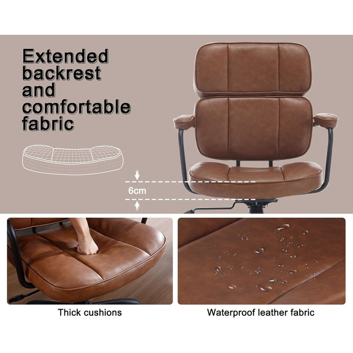 Офісний крісло з штучної шкіри, 360° обертання, регульована висота, ергономічний комп'ютерний стілець з підлокітниками для робочого кабінету/офісу/вітальні, Колір: Коричневий