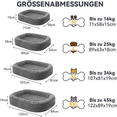 Ортопедичне ліжко для собак середнього розміру Pawk, з чотирибічною подушкою для шиї, з memory foam, водонепроникне, неслизьке, знімне та пральне, сіре, розмір L-L 89 x 63 x 18 см