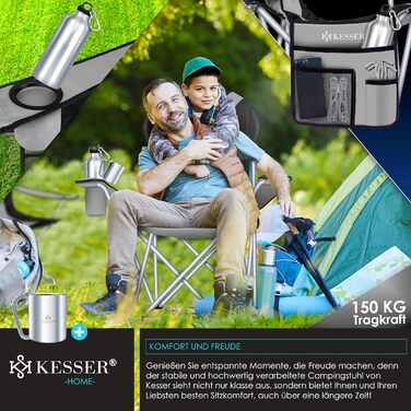 Крісло кемпінгове складне KESSER® до 150 кг, з підлокітниками, високою спинкою, сіре/чорне. З підсклянником та сумкою