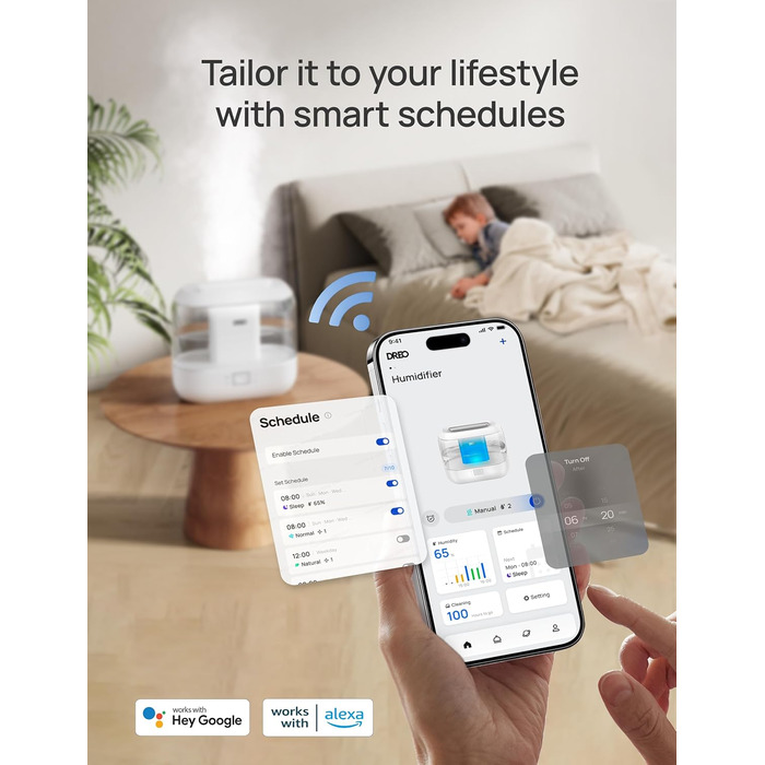 DREO Умний зволожувач повітря для спальні, верхнього заповнення, 4L великий охолоджувач туману, зволожувач з дифузором для ефірних олій та нічним світлом, 36 годин роботи, тихий ультразвуковий зволожувач для дому, білий