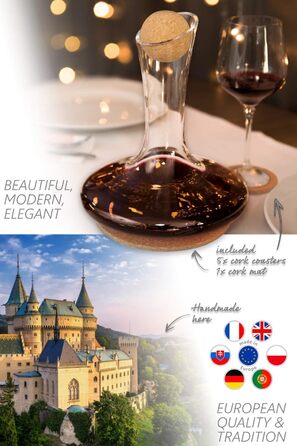 Decanter & Accessories (Cleaning Pearls, Cork Stopper, Trivets & Coasters) - 100% Handmade in Europe Lead-Free Crystal Glass Wine Decanter for Red Wine - Unique Gift Idea