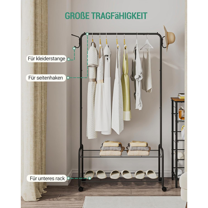 Clothes Rack with 2-Tier Shelf, 3-in-1 Design, Clothes Stand with 4 Wheels, Coat Rack with 4 Hooks for Bags, GR07499A (Black)