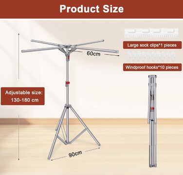 Розкладна сушилка для білизни Standtrockner з 4 крилами, 10 гачків та кліпсою для шкарпеток. Регульована висота, для дому, балкону, кемпінгу (сірий)