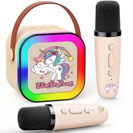 Караоке машина для дітей Dislocati з мікрофонами Bluetooth 3-12 років, портативна музична іграшка з LED-підсвіткою, бежевий єдиноріг