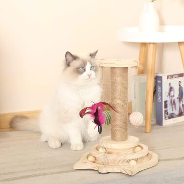 Wooden Cat Carousel, Multifunctional Cat Scratching Post, Wooden Cat Toy, Interactive Cat Toy, Size 26L x 26W x 34H cm
