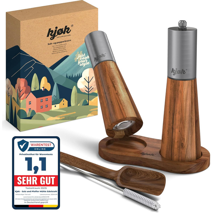Premium Salt and Pepper Grinder, Stainless Steel and Solid Acacia Wood with Coaster, Cleaning Brush, and Funnel - Wooden Grinder Set with Ceramic Grinder - Salt and Pepper Grinder Set