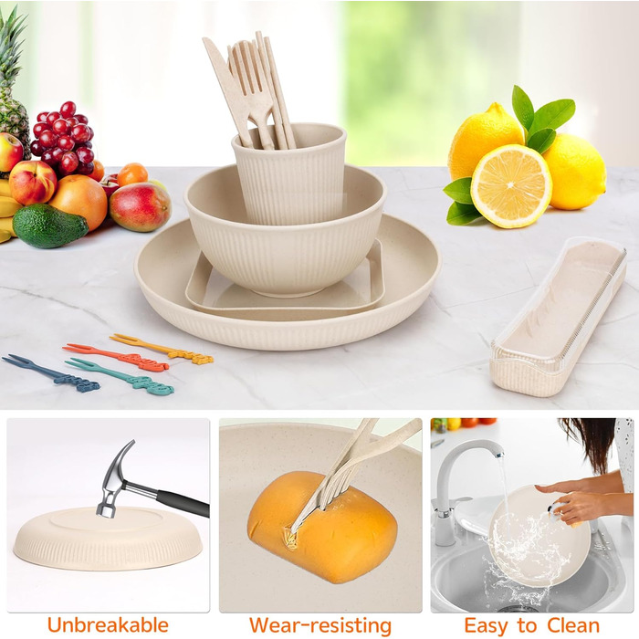 Набір посуду 48 шт. незламний, багаторазовий, пластиковий для кемпінгу, пікніка, барбекю (бежевий)