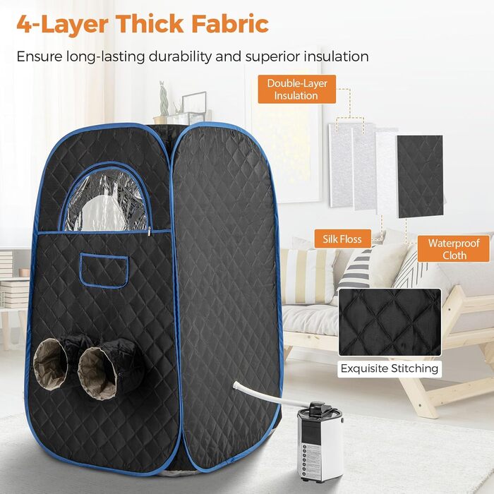 Портативна парова сауна HOMASIS для дому з генератором пари 3 л, пульт дистанційного керування, 9 температурних режимів та 9 таймерів, сауна-намет з відкидним стільцем та масажером для ніг (Чорний)