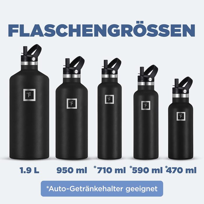 Термофляга IRON °FLASK Edelstahl 710 мл, чорна. Металева, двошарова, ізольована, без BPA. З трьома кришками (поїльник, соломинка). Для спорту, школи, фітнесу, кемпінгу.