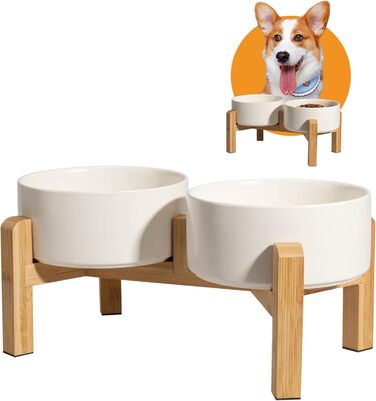 Elevated Dog Bowl Set - Ceramic Double Bowls with Non-Slip Stand - 2 Pack, 850ml Each - Ideal for Small & Medium Dogs