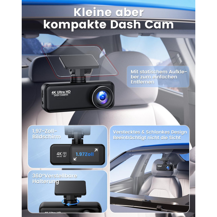 Відеореєстратор SIGRILL Dashcam Auto 4K+1080P з Wi-Fi, двоканальний, з карткою 64GB, нічне бачення, паркувальний режим, G-сенсор, запис по колу, підтримка до 256GB