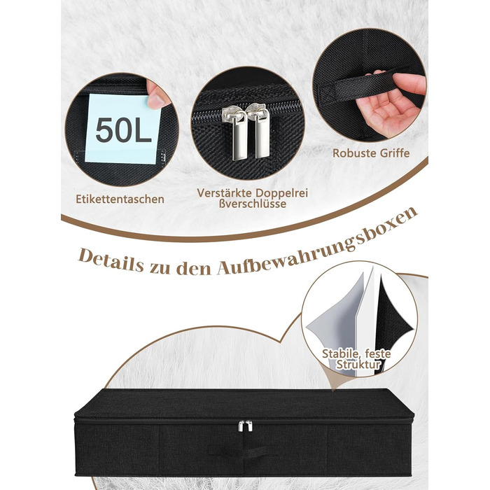 Коробки для зберігання під ліжко MePure, 2 шт. – 50л, складані, з кришкою та блискавкою, сірі. Підходять для одягу, ковдр, постільної білизни, подушок. Розмір 76×38×17 см