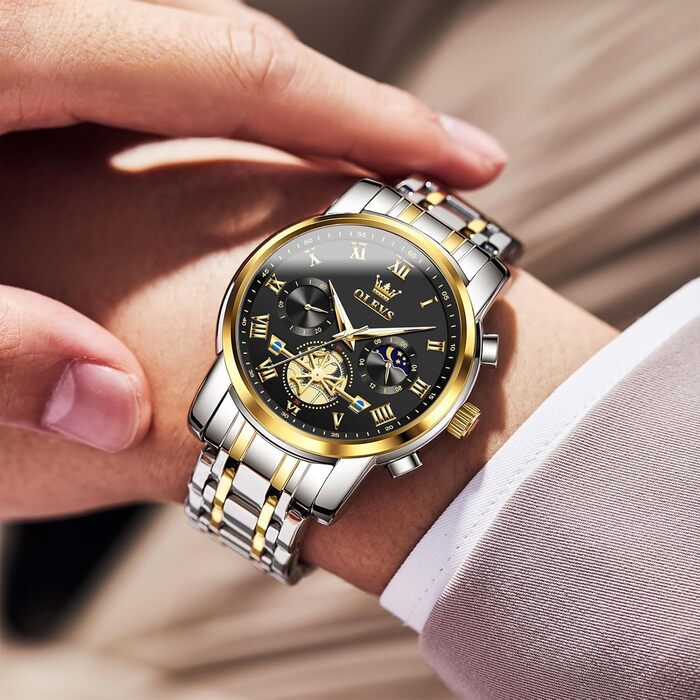 Годинник чоловічий OLEVS з металевим ремінцем, кварцовий, з місячною фазою, хронограф, водонепроникний (2859 Чорний / Двоколірний)