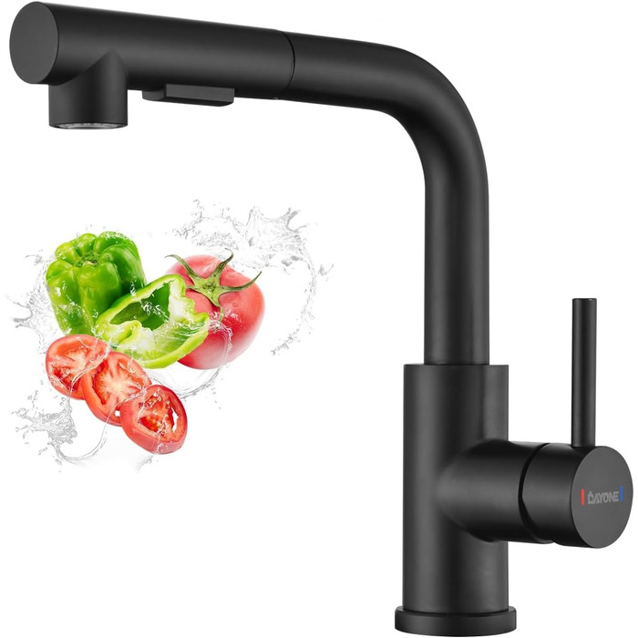 Чорна кухонна змішувач DAYONE з висувною лійкою, 360° обертання, модель G6808mb