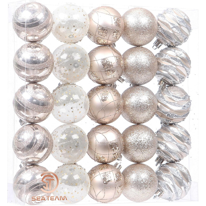 Декоративна куля на ялинку Sea Team з малюнком та блискучим прикрасою, набір (60 мм, шампань)