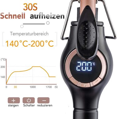 Професійний локон-стайлер 9 мм з LCD-дисплеєм, керамічний, 140-200°C, швидкий нагрів за 30 секунд, регулювання температури, з термозахисним рукавичем та зажимами для волосся (чорний)