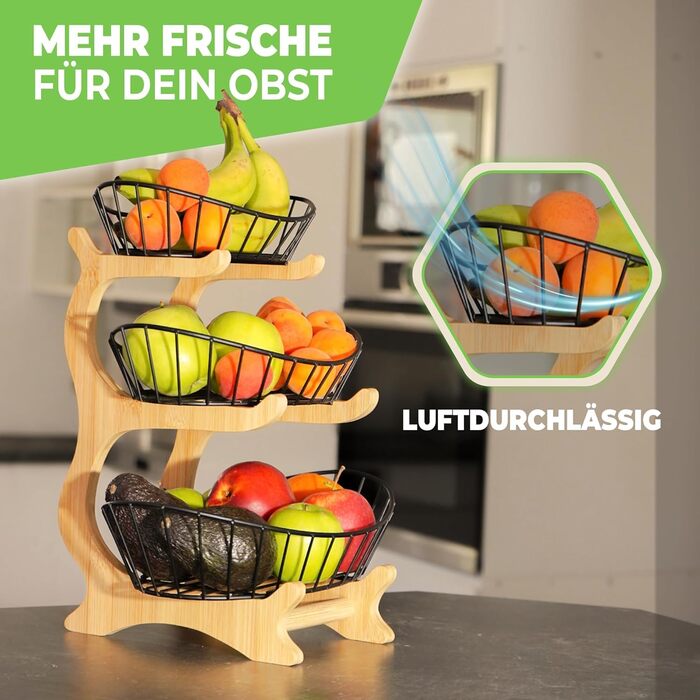 Дерев'яна етажерка для фруктів на 3 ярусах, чорна - фруктова корзина, підставка для фруктів, органайзер для кухні