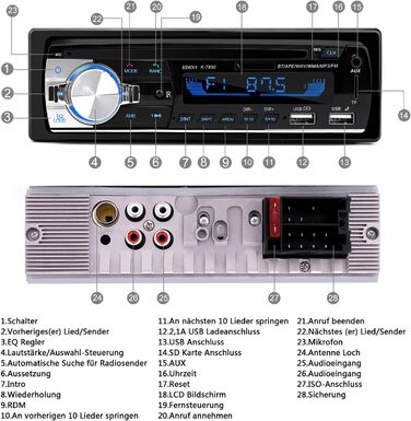Автомобільна магнітола 1 DIN з Bluetooth, FM-радіо, MP3-плеєром, гучним зв'язком, керуванням на кермі, 2 USB для музики та зарядки
