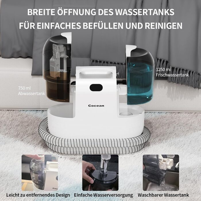 COCEAN Попиховий пилосос, мийка килимів, волого-сухий пилосос, 18Kpa для м'яких меблів, килимів, автосидінь та диванів, білий