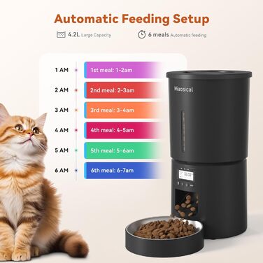 Автомат годівлі для котів 4.2L з окремою мискою, програмоване годування, подвійне живлення, 6 прийомів їжі на день (Чорний), миска з нержавіючої сталі