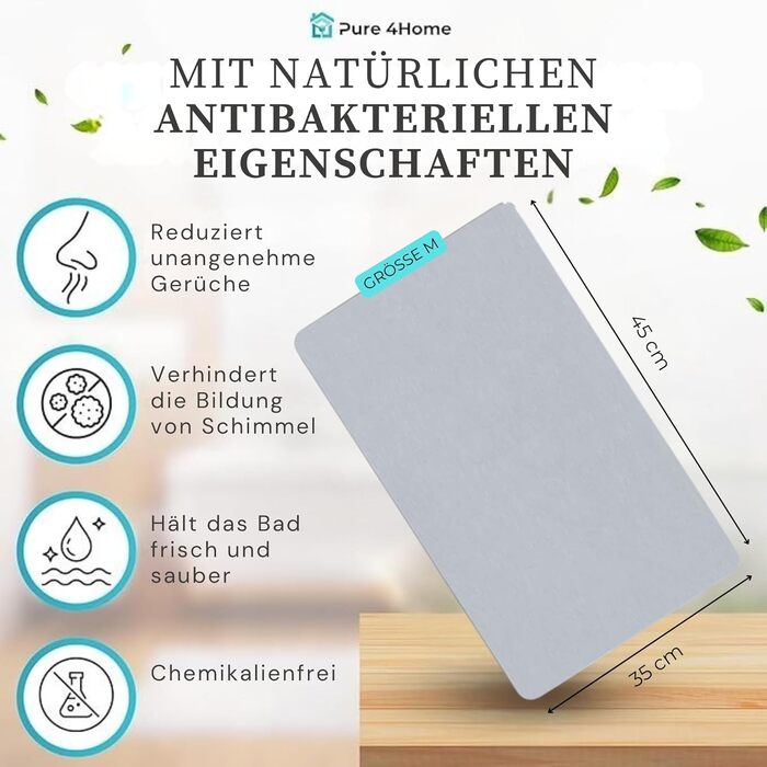 Діатомітовий килимок для ванної Pure 4Home Kieselgur, швидкосохнучий та антибактеріальний, протиковзкий, сірий, 45 x 35 см