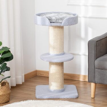 PawHut Cat Tree Small 91 cm Cat Tree with Cat Bed, Cat Scratching Post Play Tree Scratching Post with Platform for Cats up to 5 kg Sisal Lambswool Light Blue