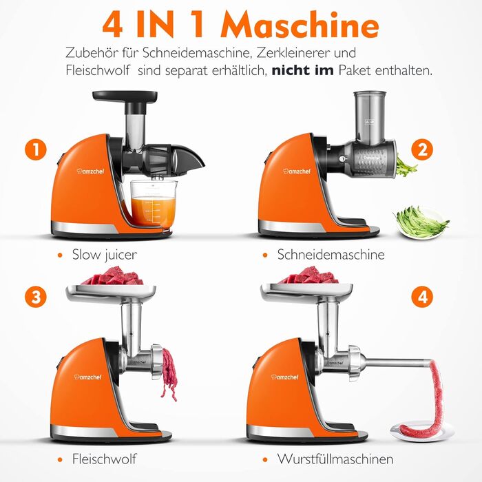 AMZCHEF Juicer - Vegetable and Fruit Test Winner - Slow Juicer with Reverse-Mastication Function - Gentle Crushing Without Filtering - Electric Juice Press with Brush and 2 Cups - Vibrant Orange