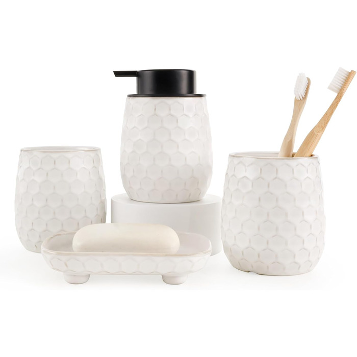 Набір для ванної кімнати: органайзер з кераміки (4 шт.) - дозатор мила 400 мл, стакан для зубної щітки, мильниця, декор преміум-якість (бежевий)