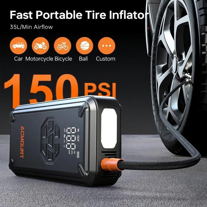 Портативний пусковий пристрій Starthilfe з компресором 150PSI, акумулятор 12V 6000A, для бензинових/дизельних авто, Powerbank з кабелями, LED-ліхтар, чорний