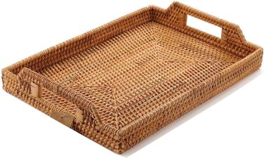 Rattan Serving Tray with Handles, Rectangular Tray from Rattan for Breakfast, Drinks, Snacks for Eating/Coffee Table (43 cm)
